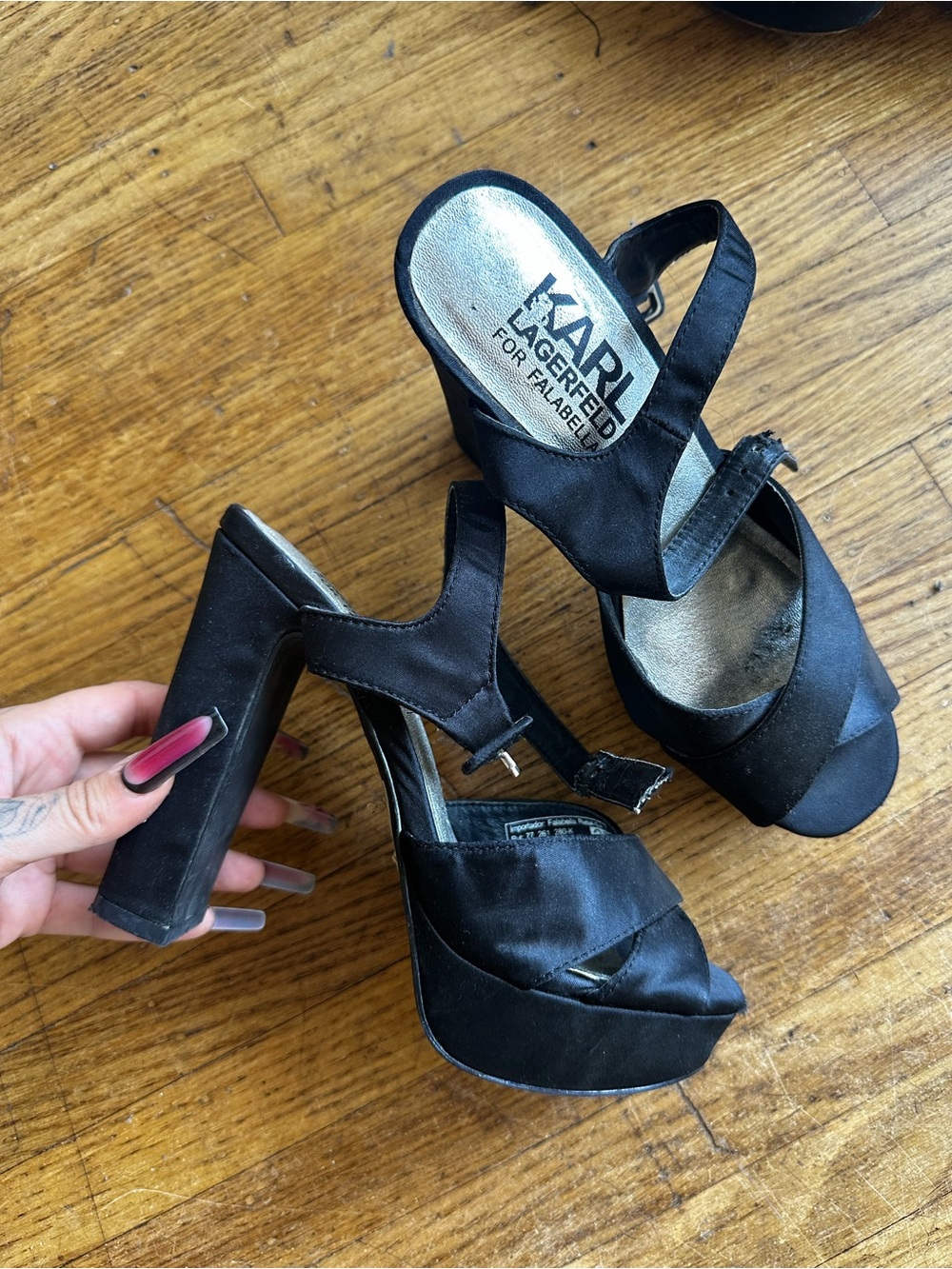 Karl Lagerfeld Black Satin Platform Sandals with Ankle Strap